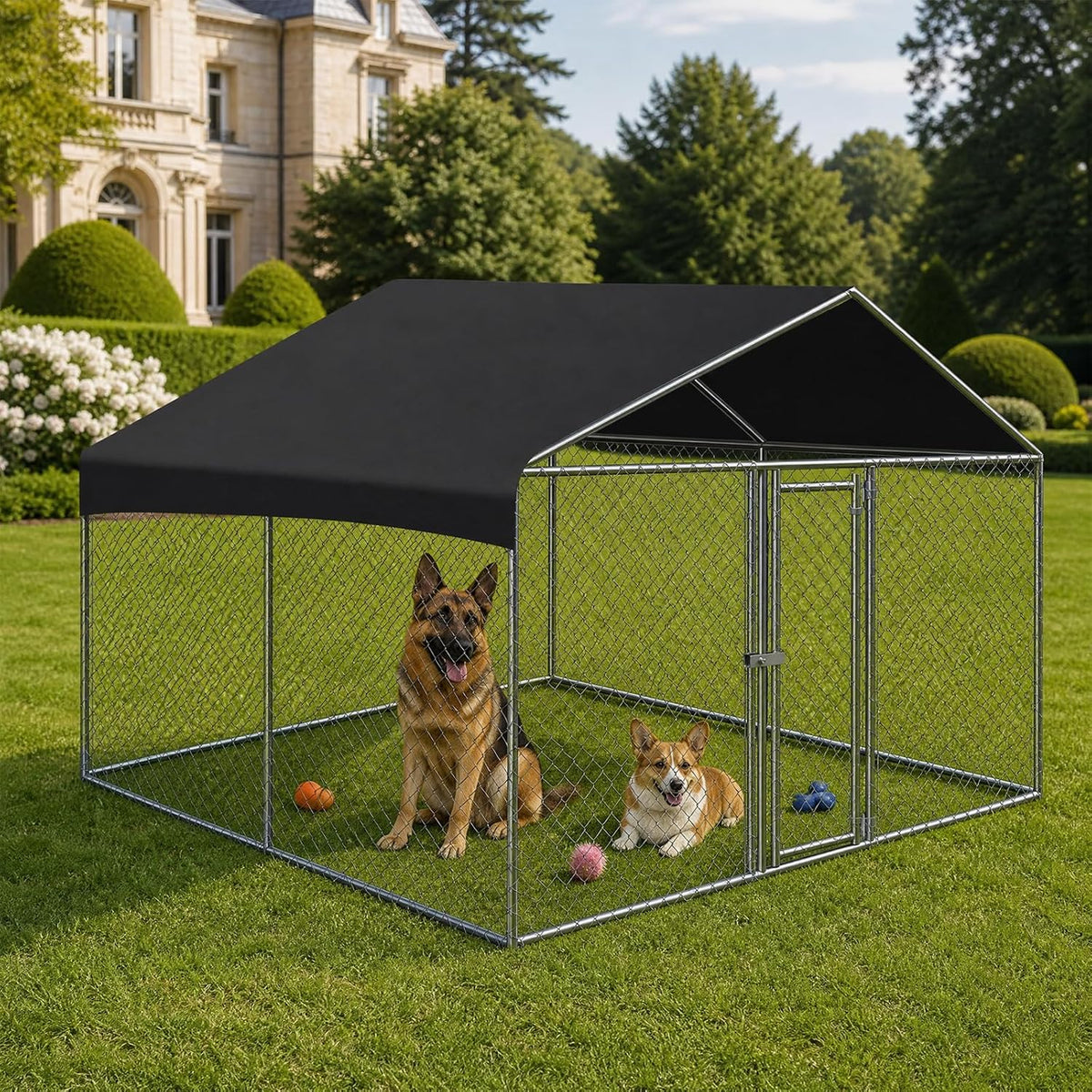 Large heavy duty outdoor dog kennel with waterproof cover in a backyard