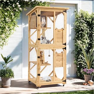 Grepatio 4-Tier Outdoor Catio with Waterproof Roof, Wheels, Removable Floor, Resting Box and Window Access