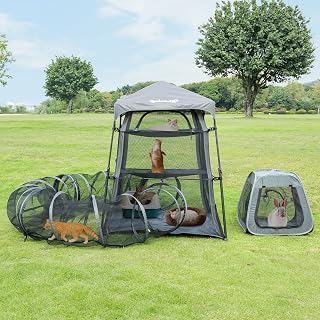 Large Outdoor Cat Enclosure, 3-in-1 Cat Tower Tent with Tunnel and Pop-Up Cage, Waterproof Floor, 3 Doors