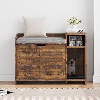 Spacious Wooden Cat Litter Box Enclosure with Flip-Top Access, Hidden Storage, Litter Mat, Cushion and Pad, Retro Color