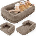Taupe faux fur human size nest dog bed with bolster and non-slip base