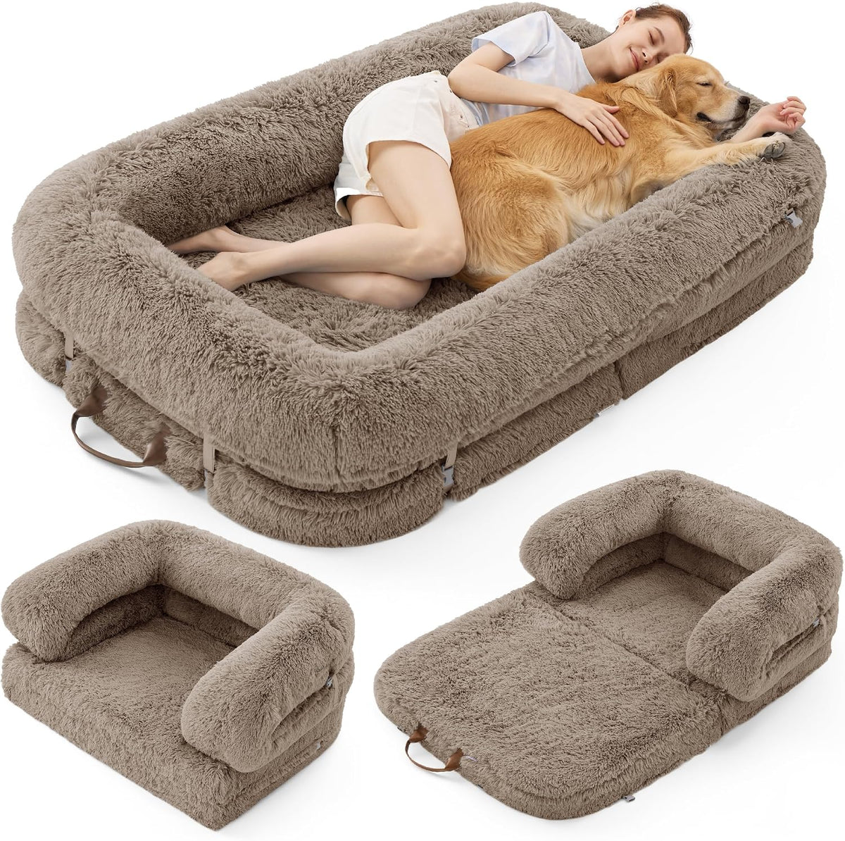 Taupe faux fur human size nest dog bed with bolster and non-slip base