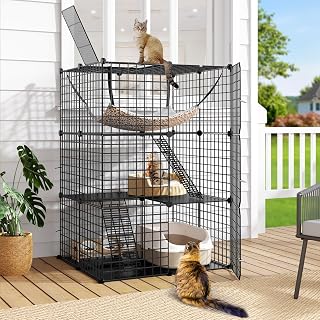 DWVO Indoor Metal Cat Cage, 3-Level Enclosure with Hammock and Stairs for 1-2 Kittens and Small Animals