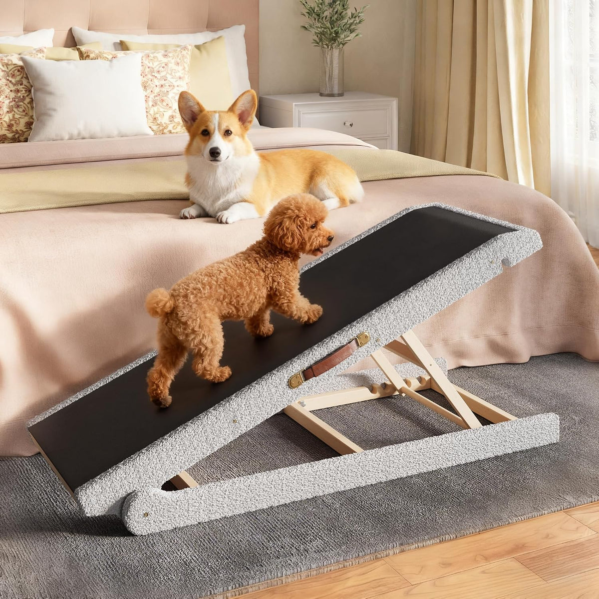 Plush-covered 55 inch wooden dog ramp with rails leading to a tall bed – view 2