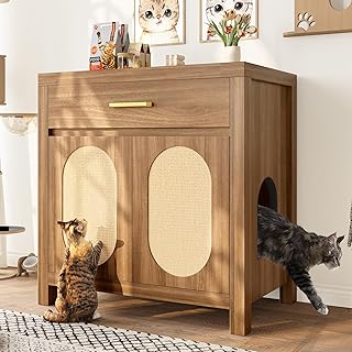 Hidden Cat Litter Box Enclosure with Scratching Board Doors and Storage Drawer, Side Table, Espresso