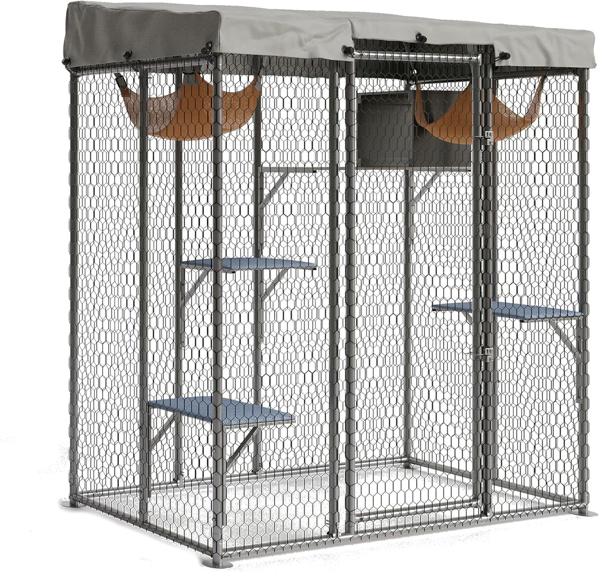Grey walk-in metal outdoor catio with platforms and hammocks in a backyard