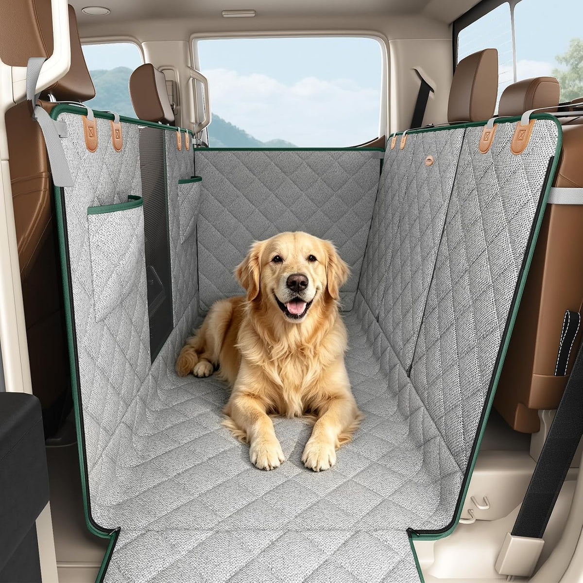 Gray waterproof dog floor cover installed in the back of a crew cab pickup truck