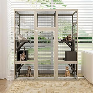 70 Inch Large Wood Catio, Outdoor Cat Enclosure with Waterproof Cover, 2 Resting Boxes and Platforms, UV Resistant