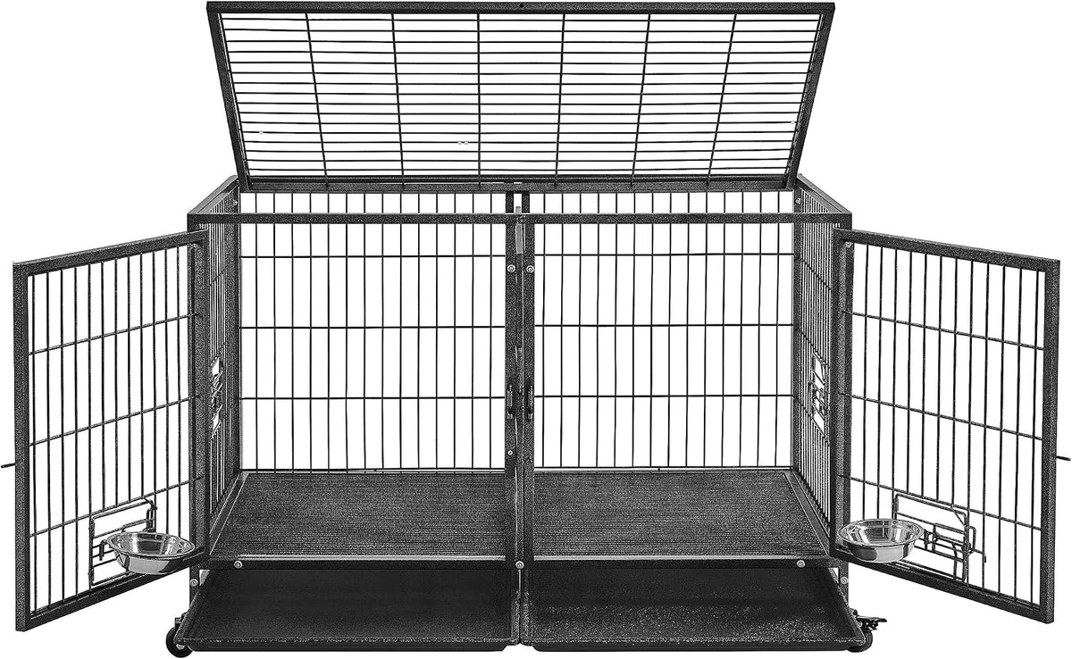 Black two compartment rolling metal dog crate with divider
