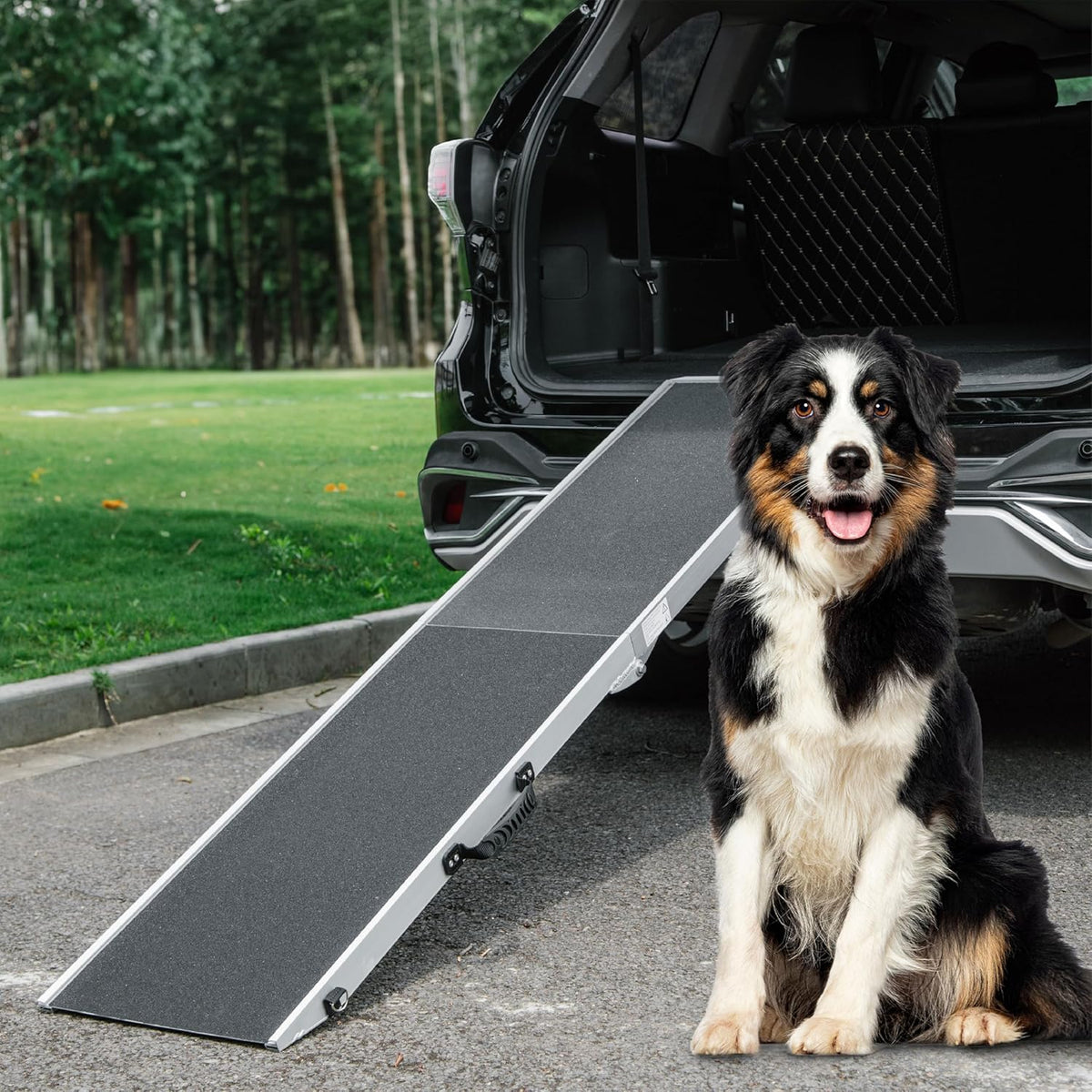 Black foldable aluminum dog car ramp at an SUV