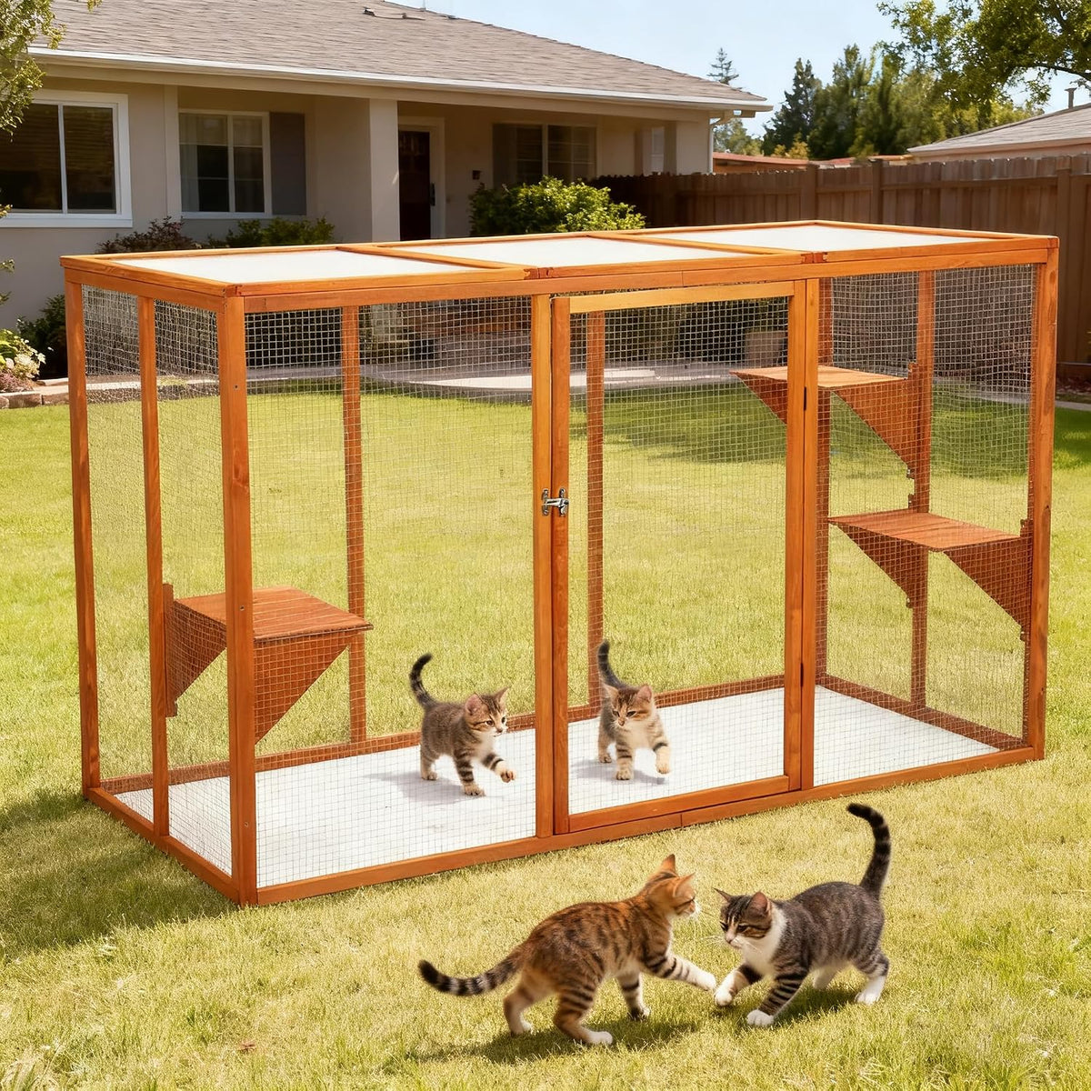 Orange outdoor catio cat enclosure with waterproof roof on a patio