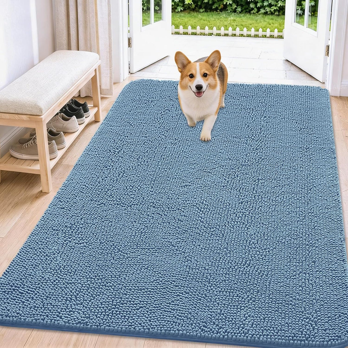 Airy blue chenille muddy paw mat inside a front door