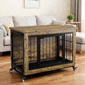 Rustic wood dog crate furniture with three doors and wheels
