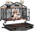 Foldable dog crate furniture on wheels with built-in adjustable bowls