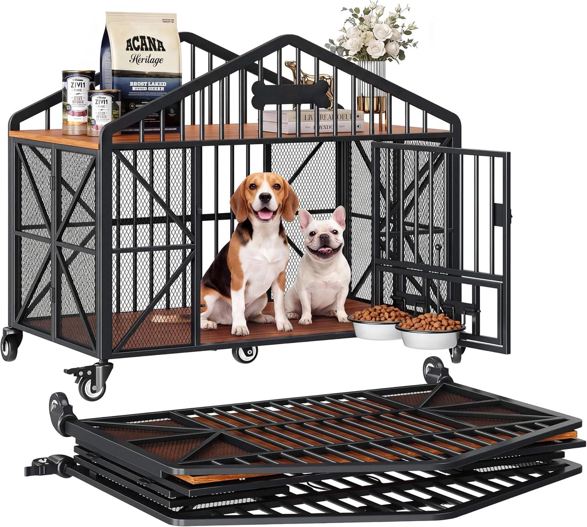 Foldable dog crate furniture on wheels with built-in adjustable bowls