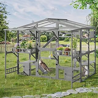 Large Outdoor Catio for 6 to 10 Cats, Weatherproof Pine Wood Cat Enclosure
