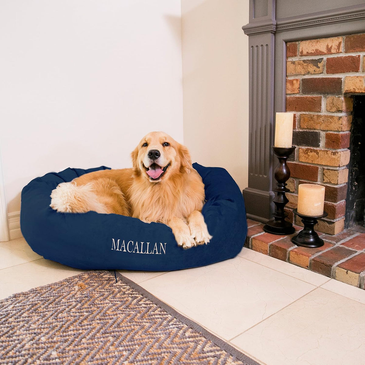 Small orange bagel dog bed with bolster rim and embroidered name – view 3