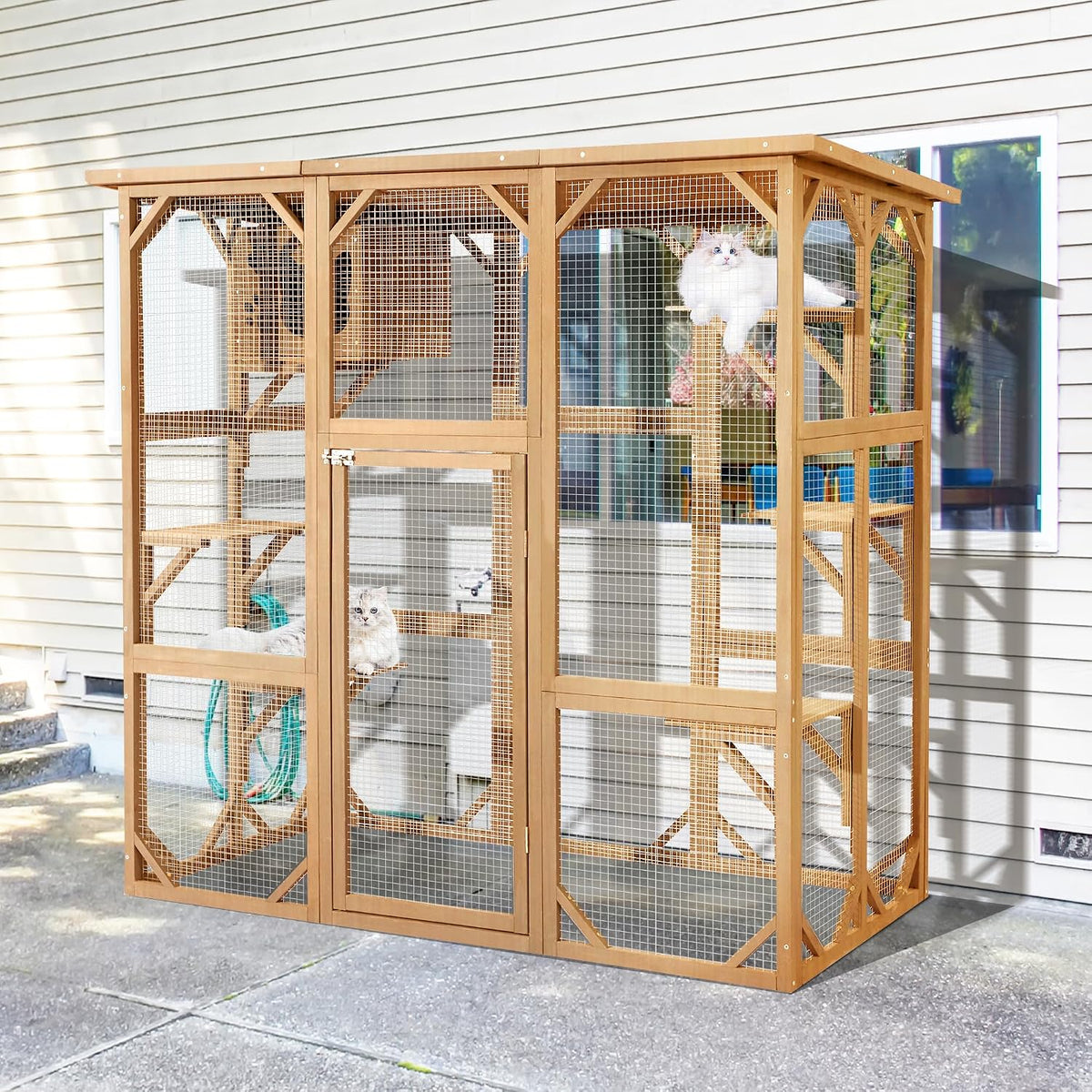 Grey wooden catio with five platforms and removable litter box – view 2