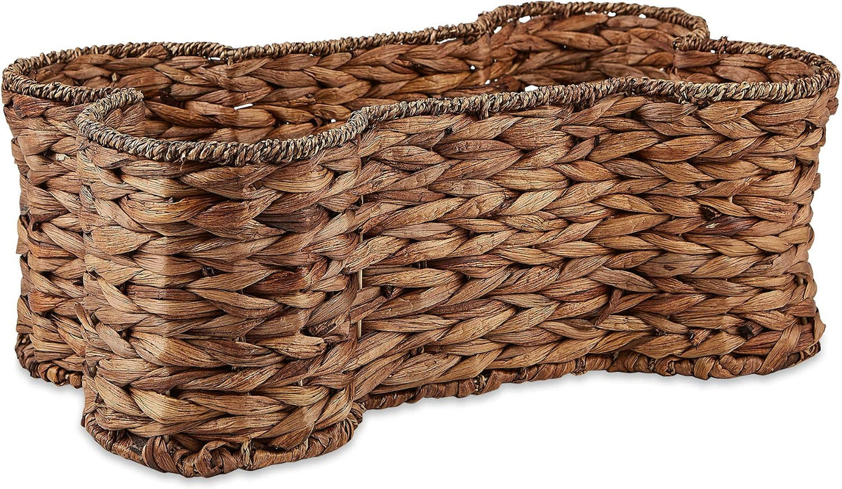 Dark brown woven hyacinth dog toy basket in a dog biscuit shape