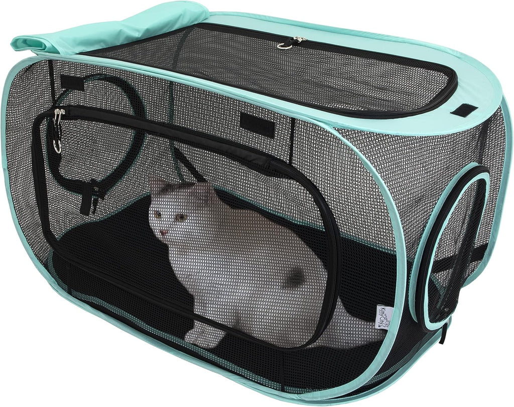Mesh outdoor catio play kit with tunnels and covered tents on a patio – view 5