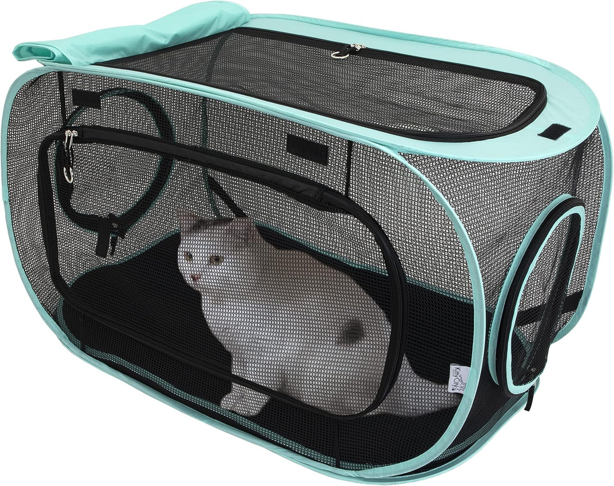 Mesh outdoor catio play kit with tunnels and covered tents on a patio – view 5