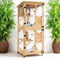 Natural wood four-tier catio on wheels with roof