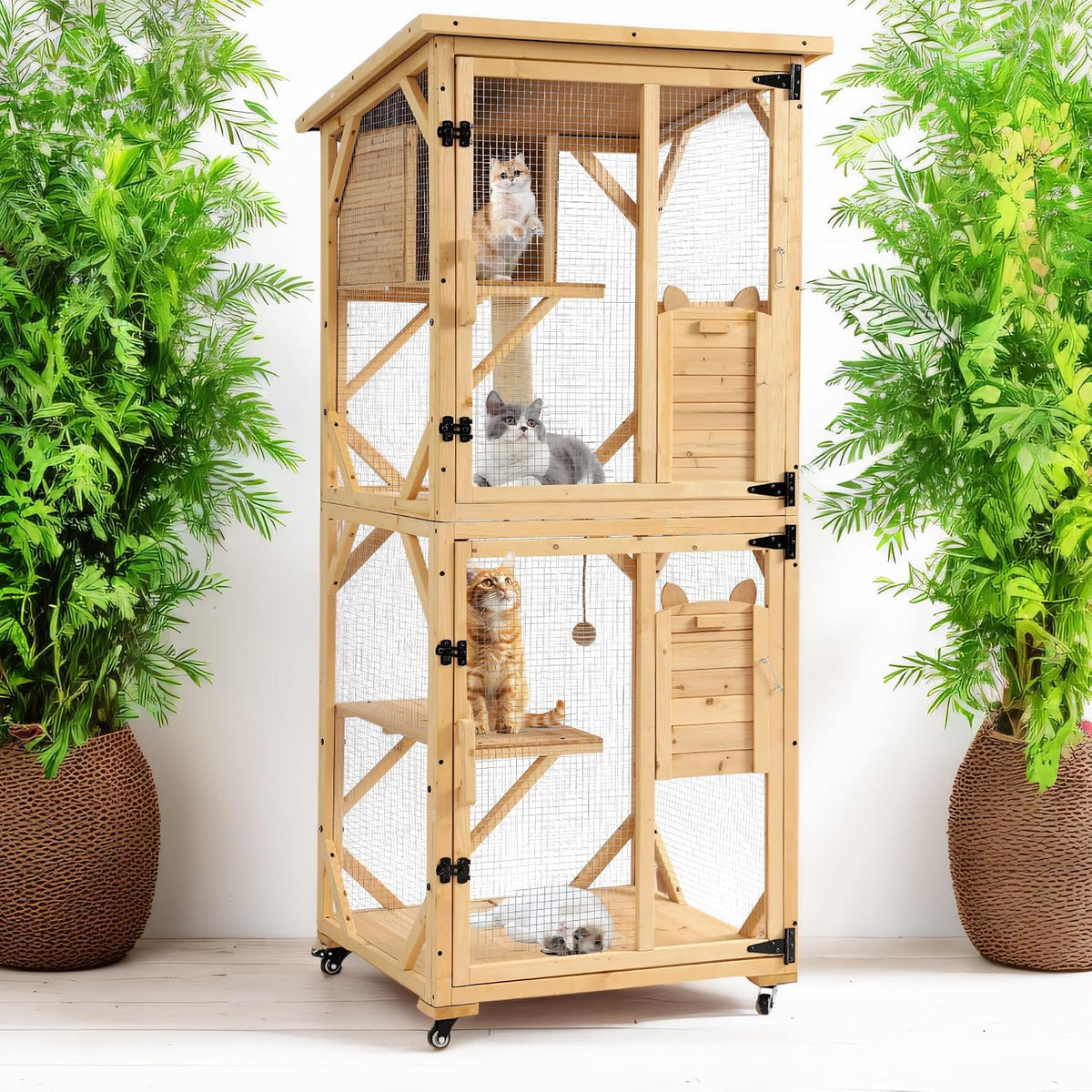 Natural wood four-tier catio on wheels with roof
