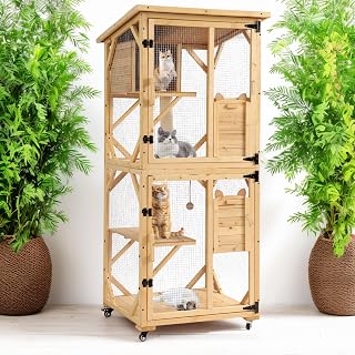71 Inch 4-Tier Wooden Catio Outdoor Cat Enclosure on Wheels with Window, Waterproof Roof, Removable Floor and Scratching
