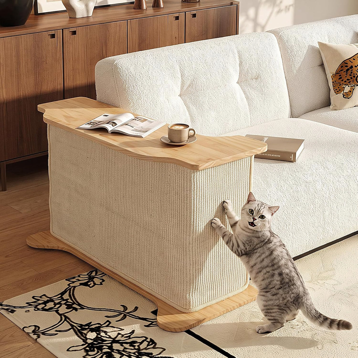 L-shaped sisal cat scratcher wrapping a sofa arm with pine table top