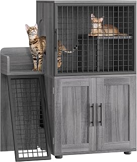 Villa Cat Litter Box Enclosure Furniture, Hidden Cabinet with Pet House and Large Condo with Storage, Wax Wood Color