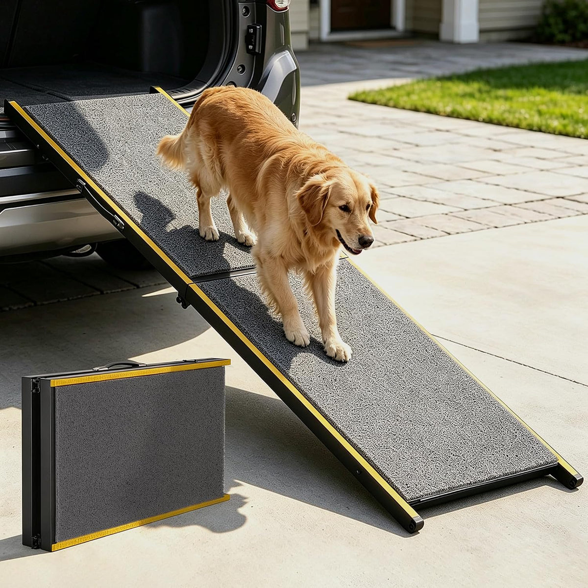 Extra long 75 inch dog ramp leaning against the rear of a car