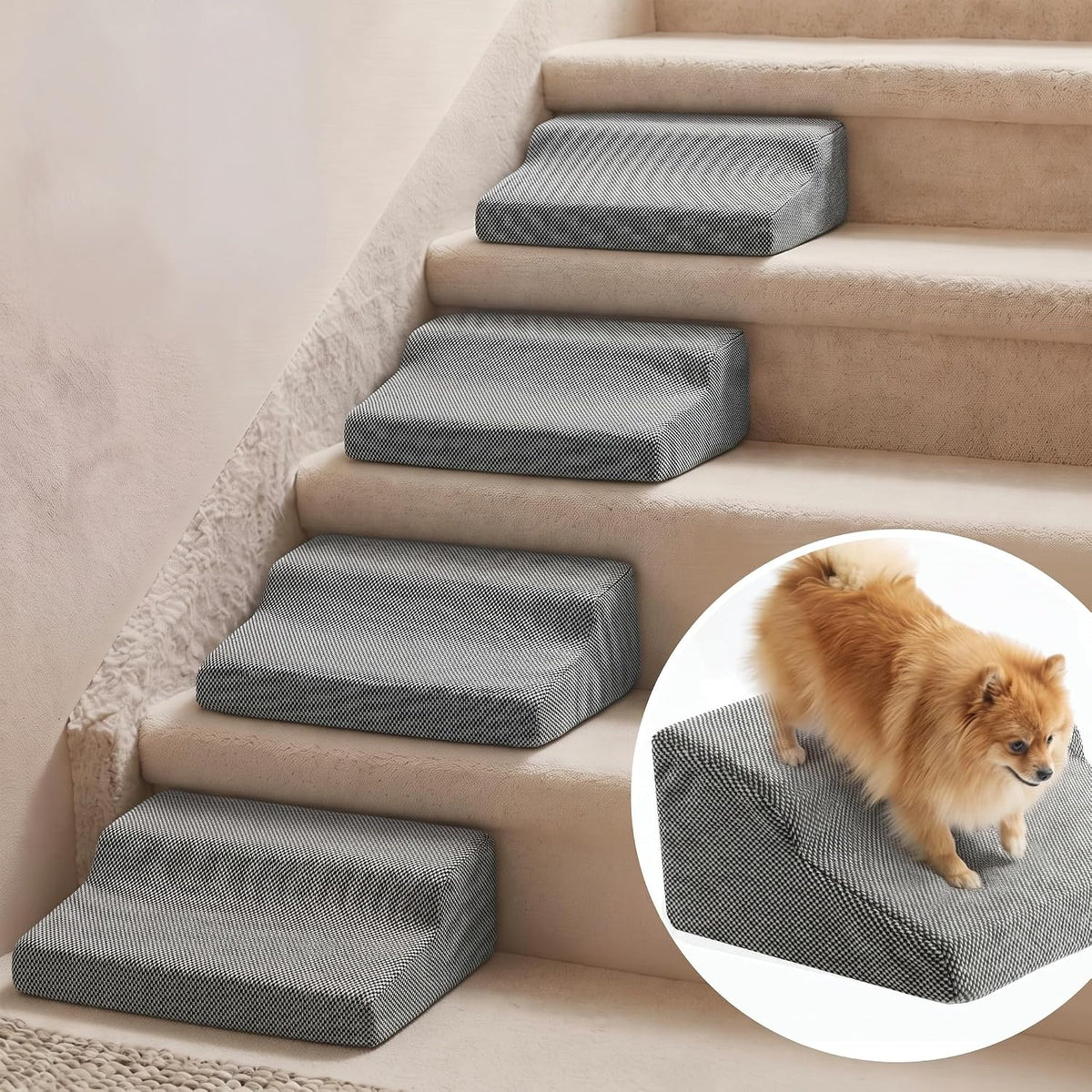 Grey foam dog stair ramps placed on each step of a wooden staircase