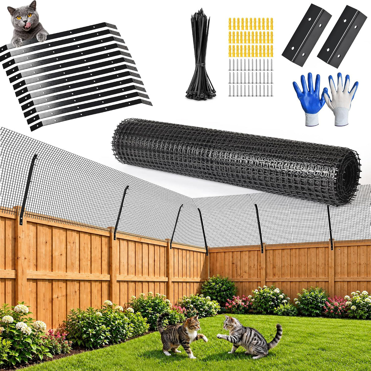 Anti-climb cat fence topper mounted on a backyard fence – view 2