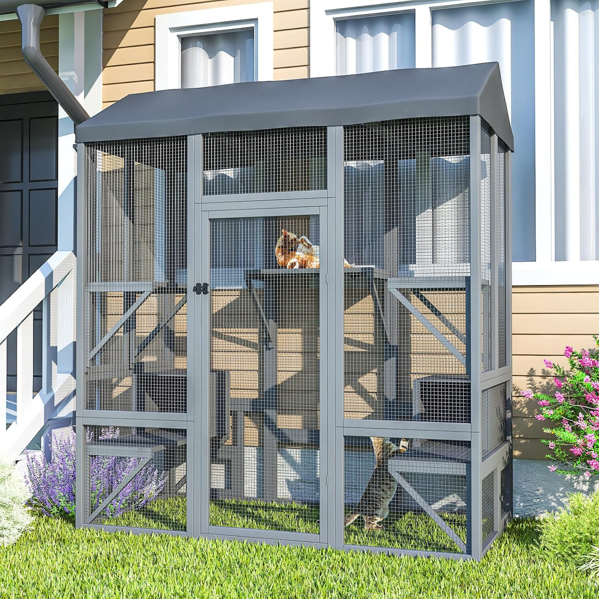 Grey wooden outdoor catio with seven platforms, two resting boxes and waterproof cover