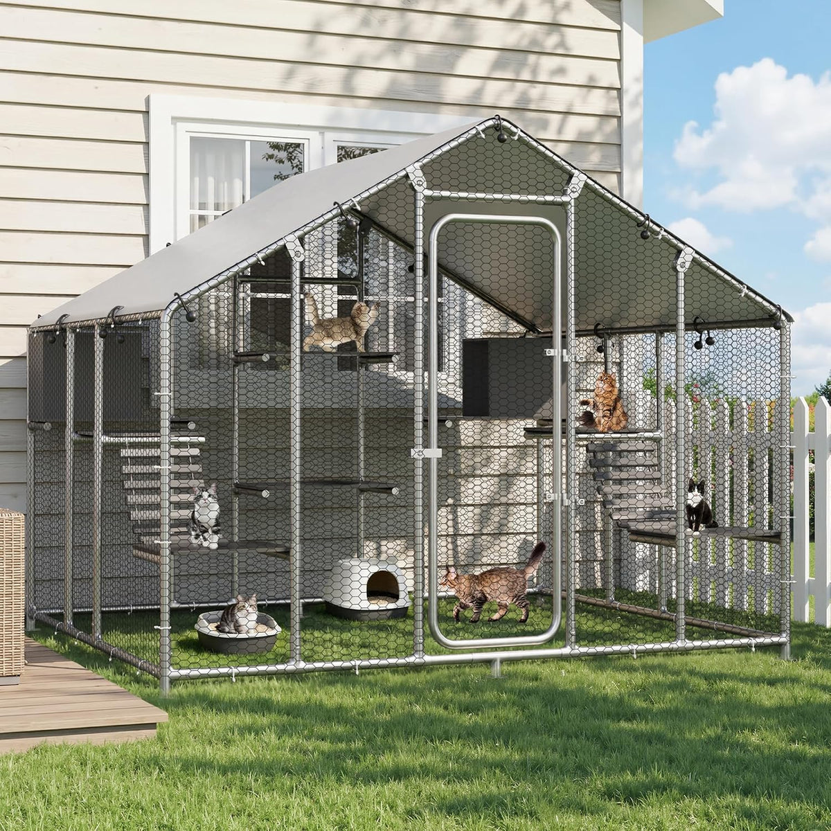 Extra-large walk-in outdoor catio with platforms, condos and window tunnel