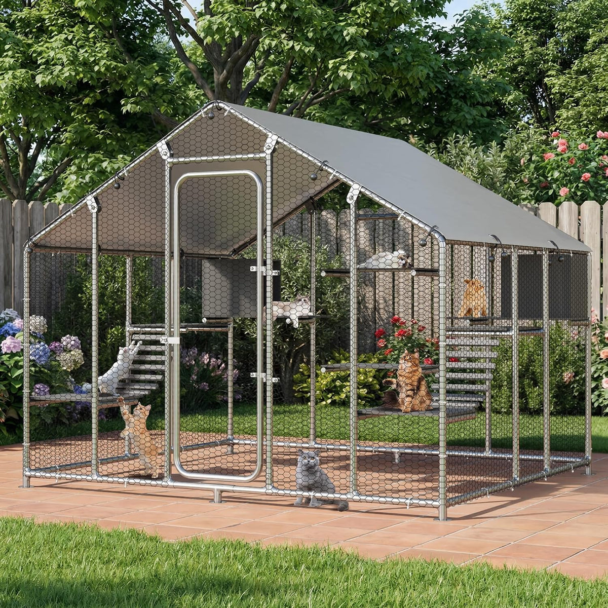 Grey 94.5 inch outdoor catio with waterproof cover and platforms