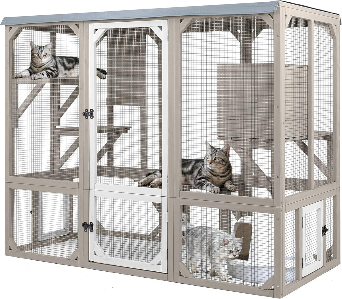 Wooden window cat enclosure with resting room and platforms
