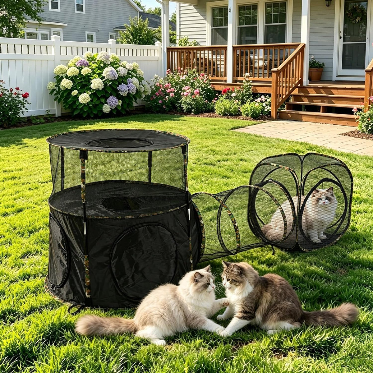 Camo pop-up cat enclosure tent with connecting tunnels – view 2