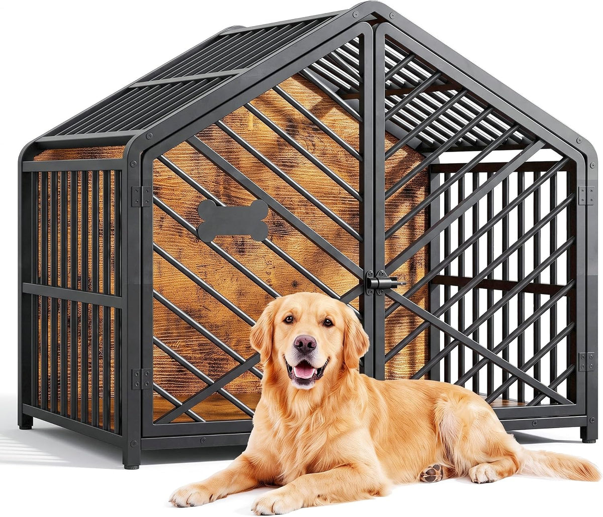 Dog crate furniture with a house-style roof frame
