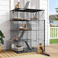 Black four-tier metal cat cage with hammock and stairs