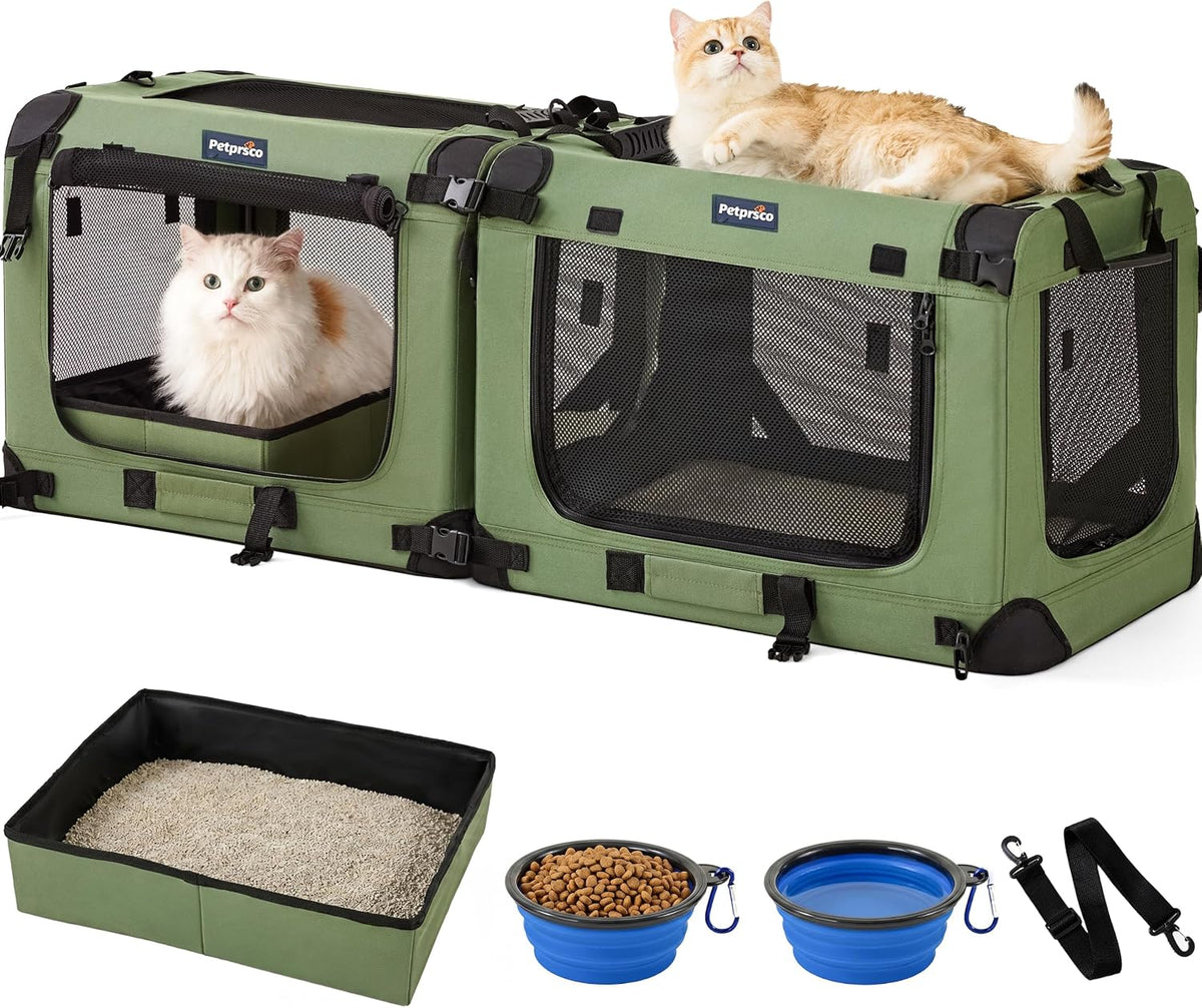 Green extra large double-room foldable cat carrier with mesh windows