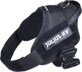 Black padded dog harness with grab handle and quick-release buckles