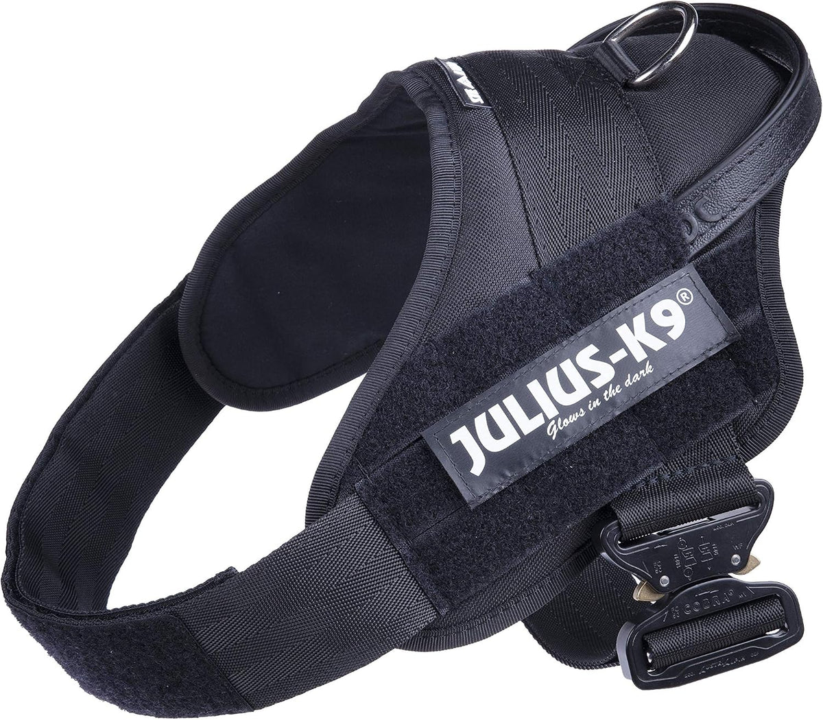 Black padded dog harness with grab handle and quick-release buckles
