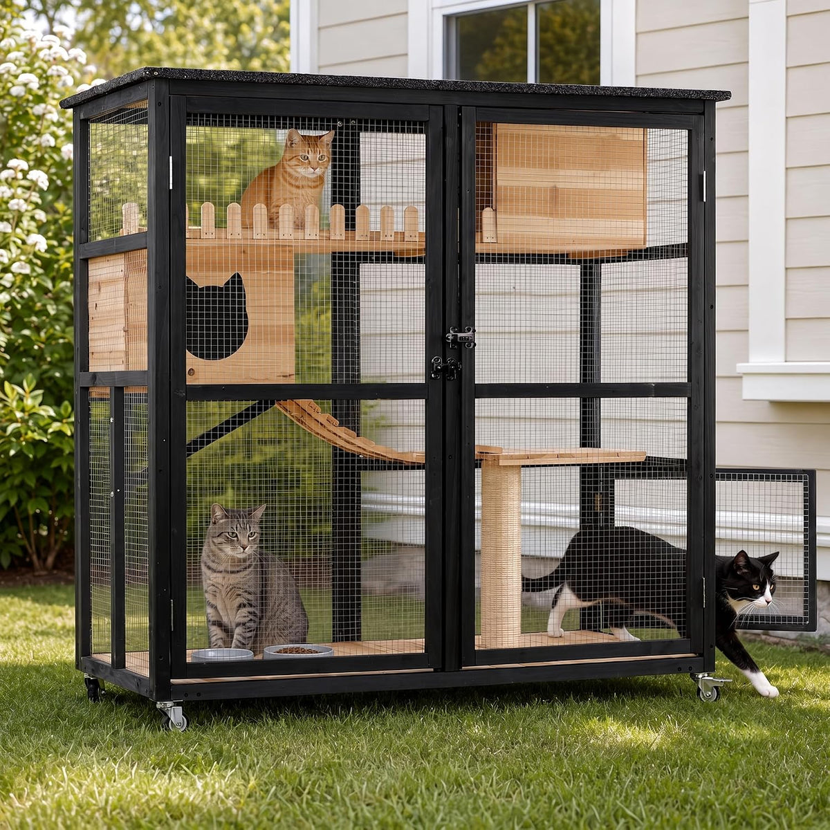 Multi-level wooden outdoor cat enclosure on wheels