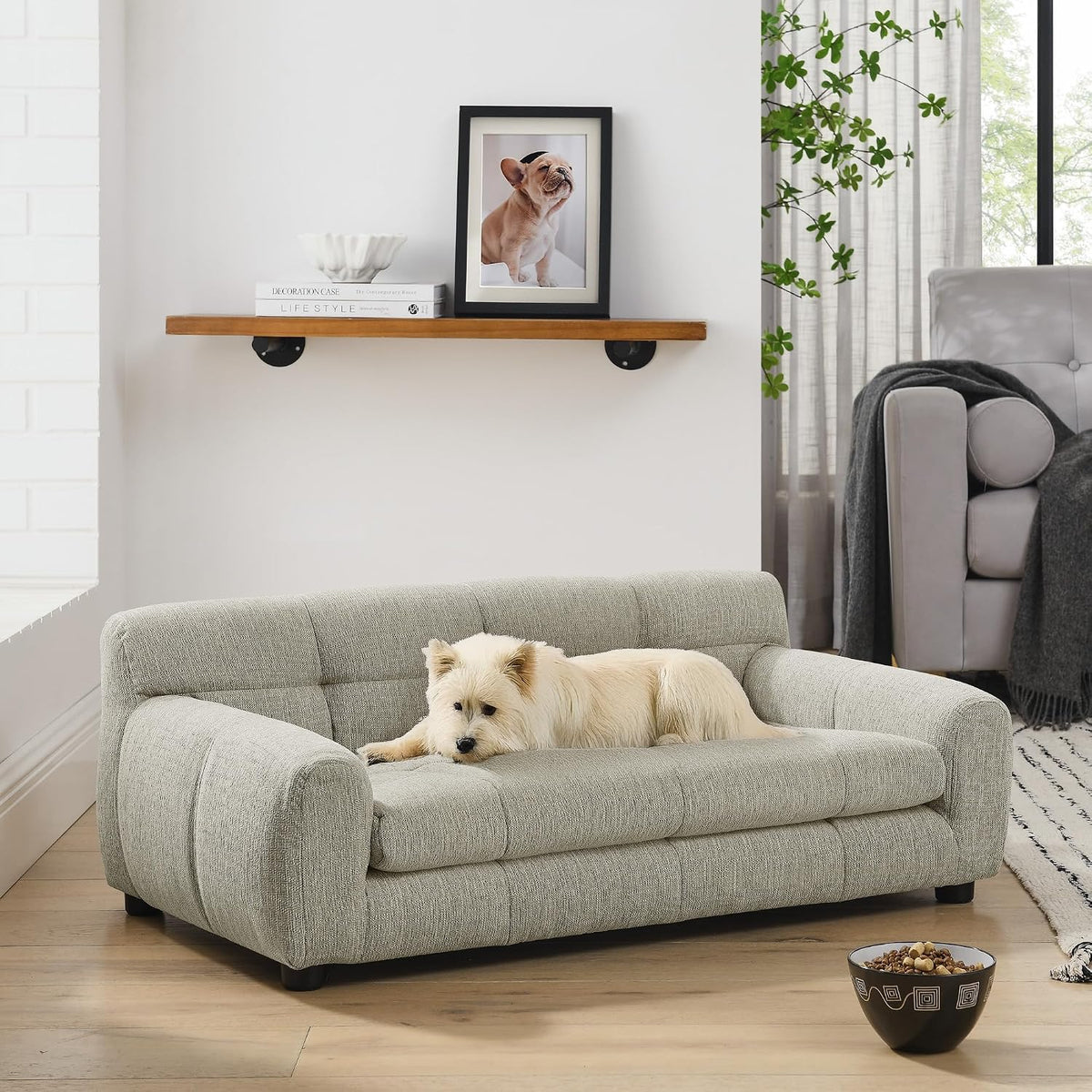 Green elevated dog sofa with memory foam cushion, backrest and wooden legs – view 4