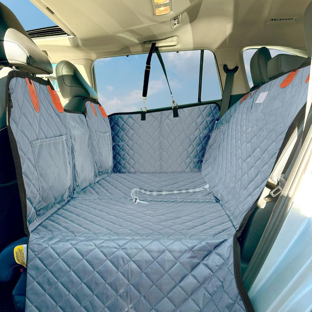 Black hard bottom dog backseat extender creating a flat platform in a car back seat – view 2