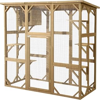 Grepatio Large Wooden Outdoor Catio Cat Enclosure, Weatherproof, with Platform and Small House, Natural