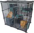 Mesh outdoor catio play kit with tunnels and covered tents on a patio
