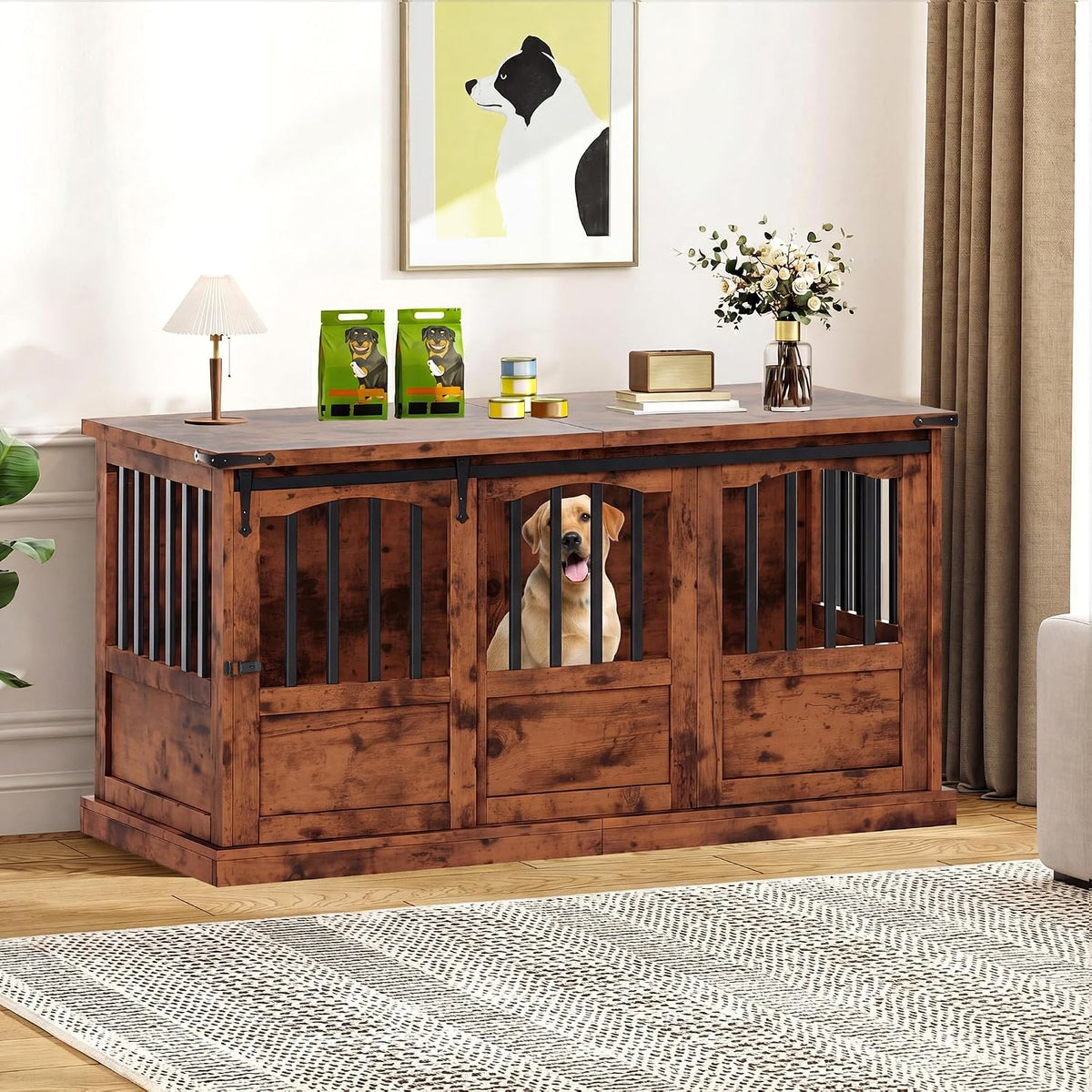 Brown 53 inch solid wood dog crate furniture with sliding doors