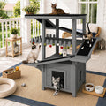 Grey four-tier outdoor wooden cat house with ramps and roof